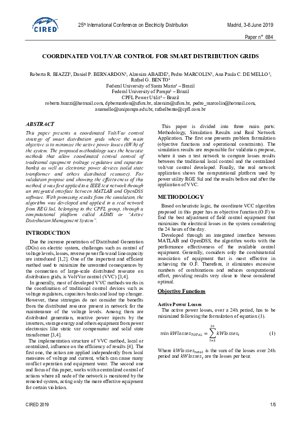 (PDF) Coordinated Volt/Var Control for Smart Distribution Grids