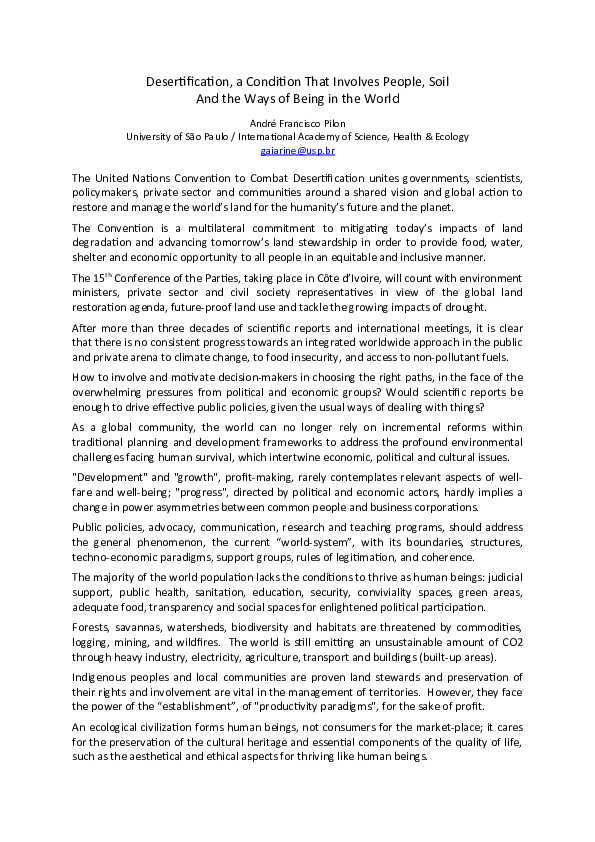 (PDF) Desertification, a Condition That Involves People, Soil And the ...