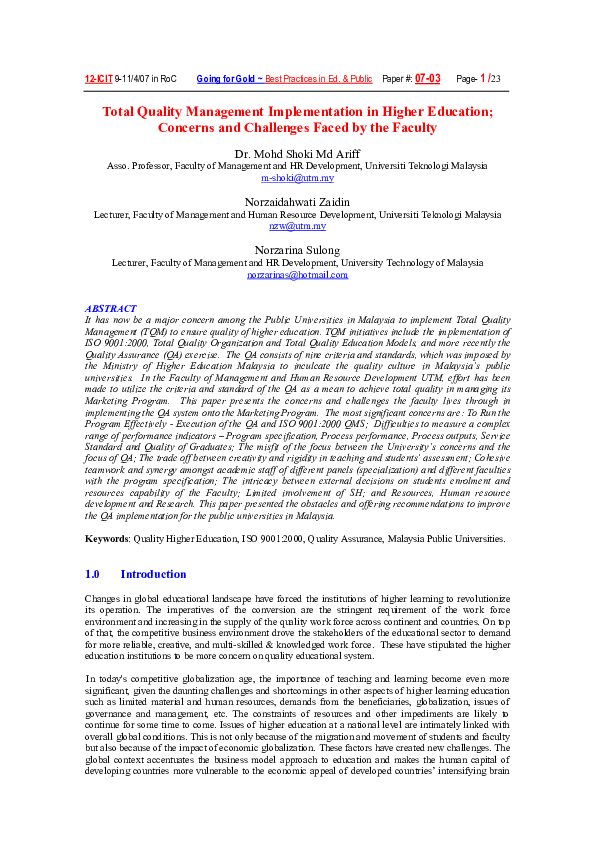 (PDF) Total Quality Management Implementation in Higher Education ...