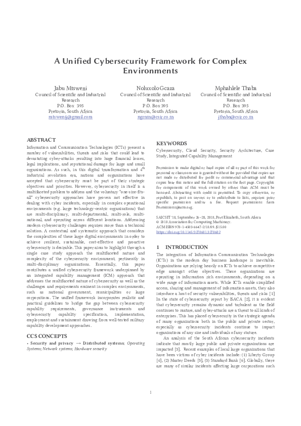 (PDF) A unified cybersecurity framework for complex environments