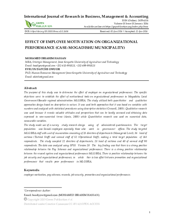(PDF) Effect of Employee Motivation on Organizational Performance (Case ...