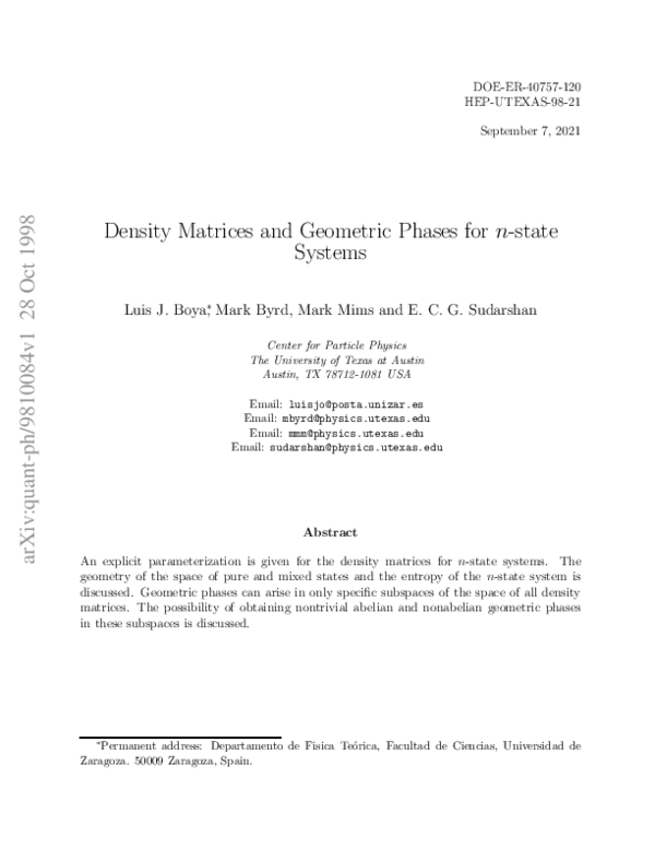 (PDF) Density matrices and geometric phases for n-state systems