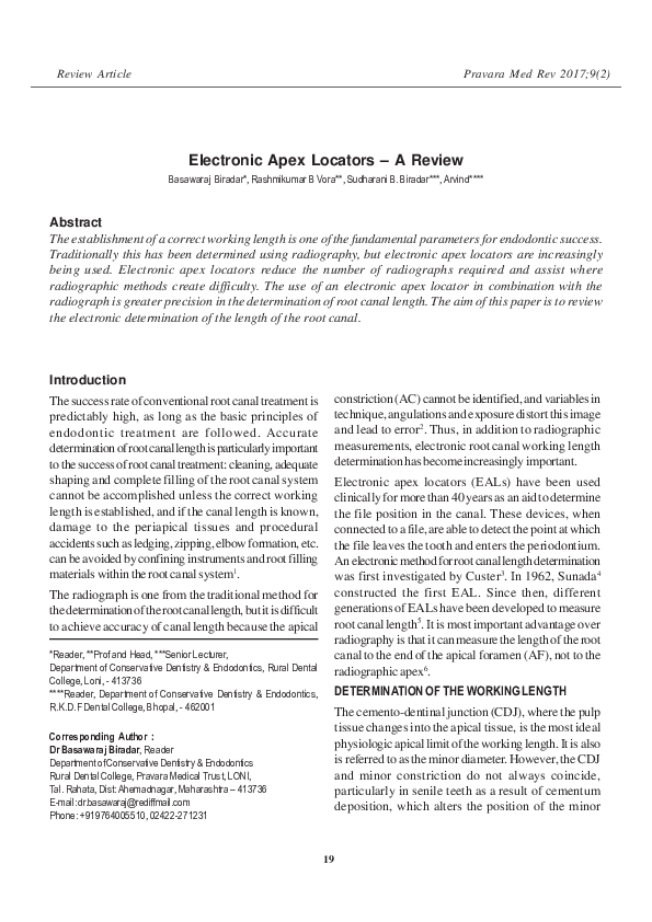(PDF) Electronic Apex LocatorsA Review sudharani biradar Academia.edu