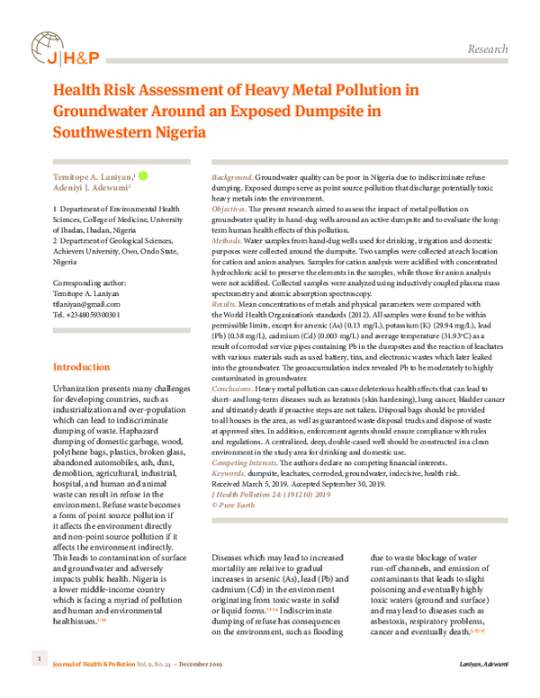 (PDF) Health Risk Assessment of Heavy Metal Pollution in Groundwater ...