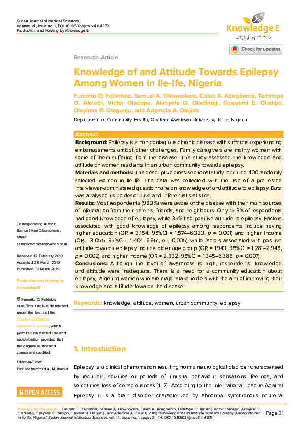 (PDF) Knowledge of and Attitude Towards Epilepsy Among Women in Ile-Ife ...