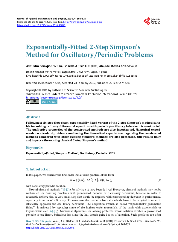 (PDF) Exponentially-Fitted 2-Step Simpson’s Method for Oscillatory ...