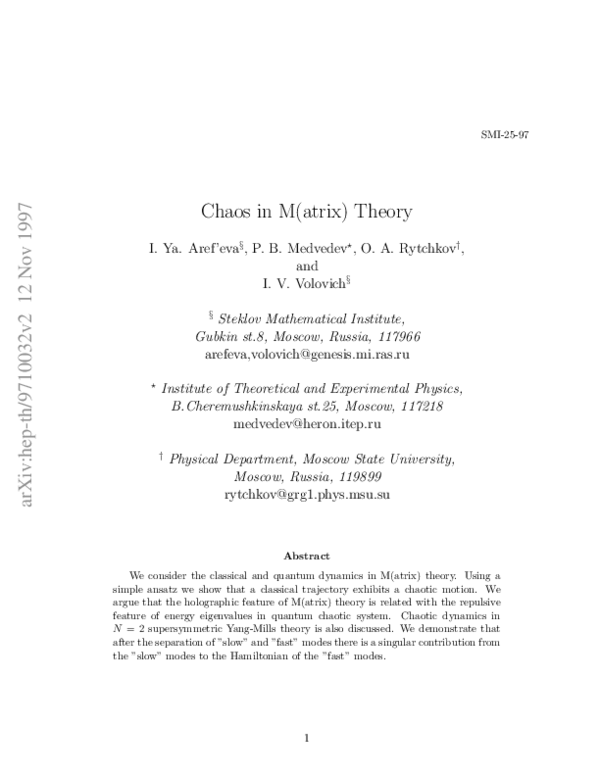 (PDF) Chaotic Dynamics in M(atrix) Theory