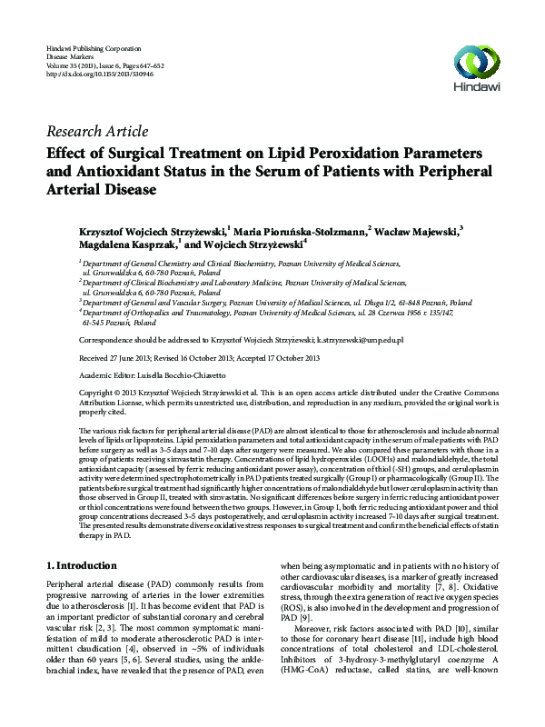 (PDF) Surgery's Impact on Serum Lipid Peroxidation in PAD