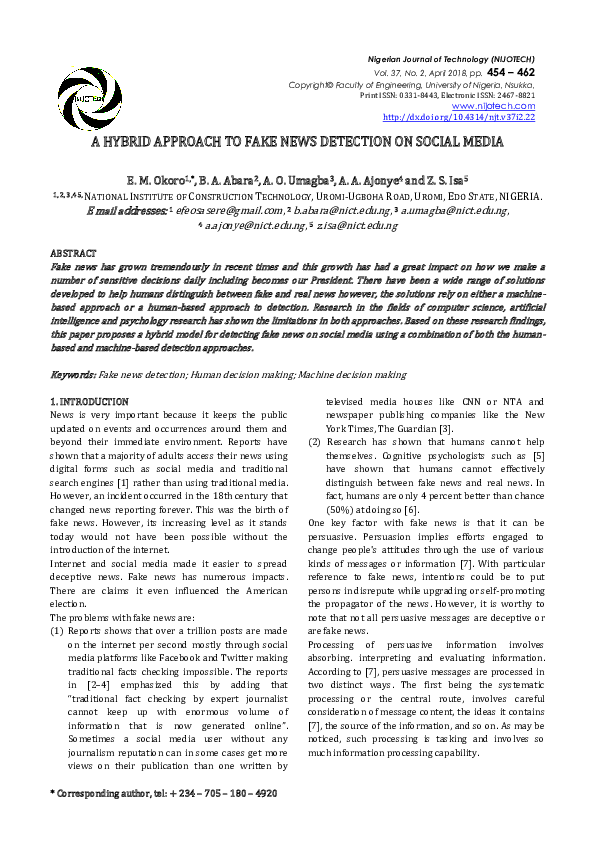 (PDF) A hybrid approach to fake news detection on social media