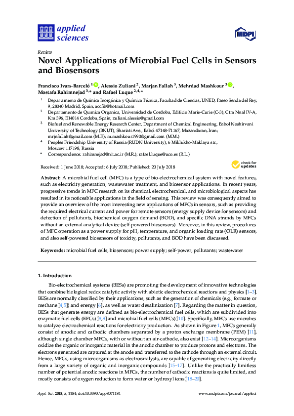 (PDF) Novel Applications of Microbial Fuel Cells in Sensors and Biosensors