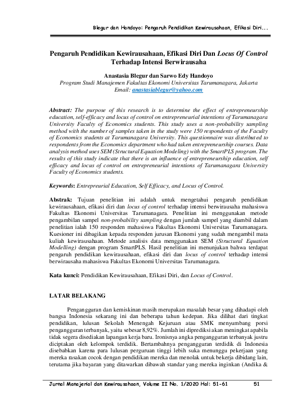 (PDF) Pengaruh Pendidikan Kewirausahaan, Efikasi Diri Dan Locus Of ...