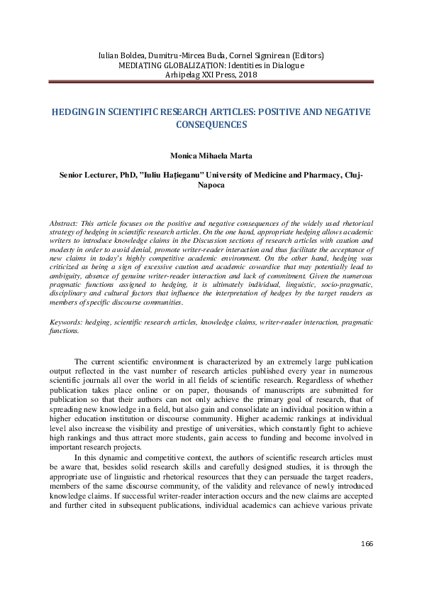 (PDF) Hedging in Scientific Research Articles: Positive and Negative ...