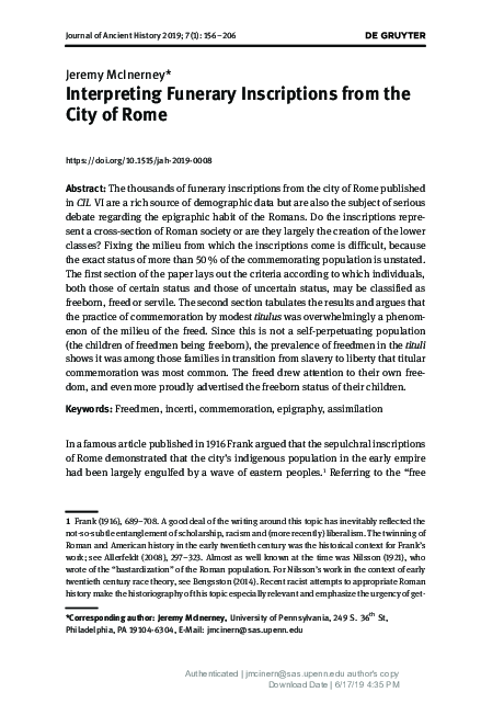 (PDF) Interpreting Funerary Inscriptions from the City of Rome