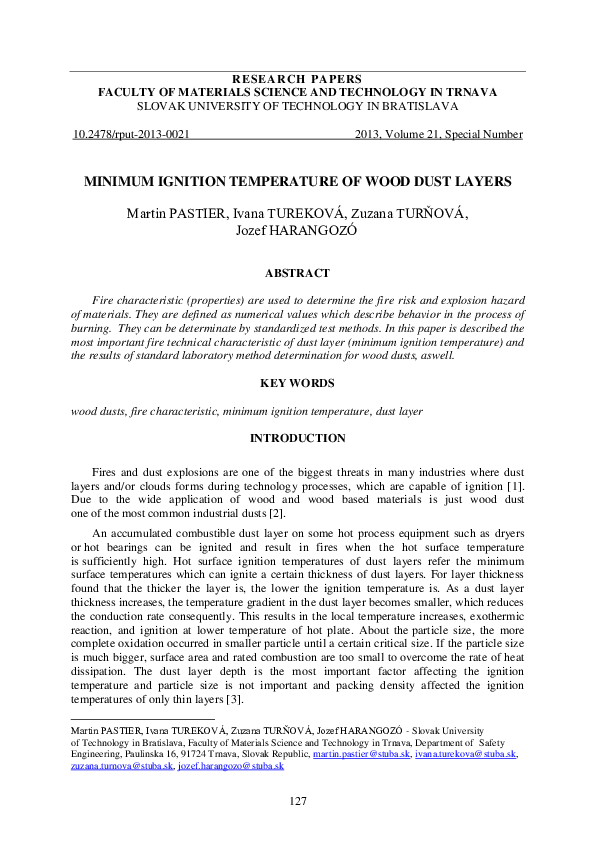 (PDF) Minimum Ignition Temperature of Wood Dust Layers Ivana Tureková Academia.edu