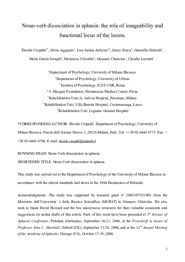 (PDF) Noun–verb dissociation in aphasia: The role of imageability and ...