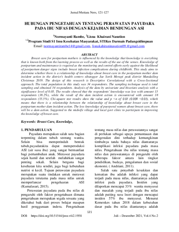 (PDF) Hubungan Pengetahuan Tentang Perawatan Payudara Pada Ibu Nifas