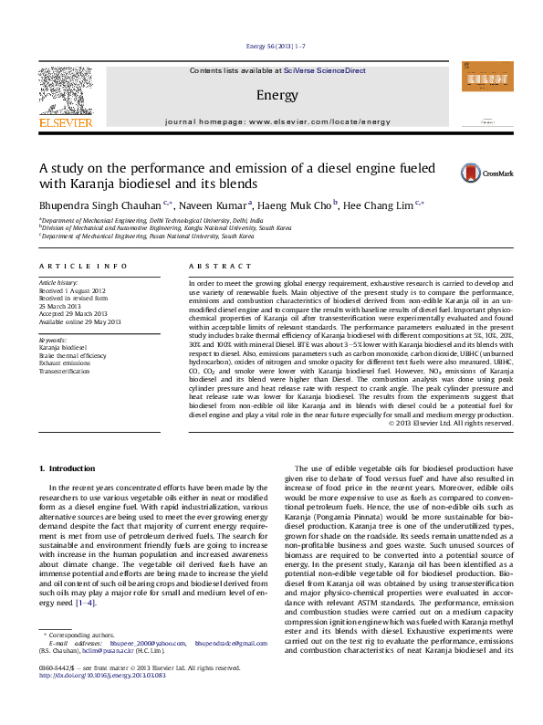 (PDF) A study on the performance and emission of a diesel engine fueled ...