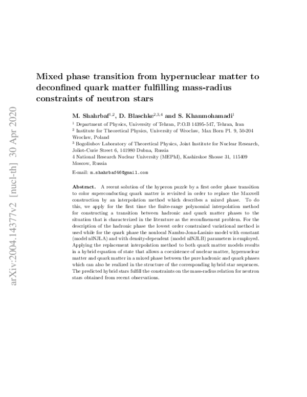(PDF) Mixed phase transition from hypernuclear matter to deconfined ...