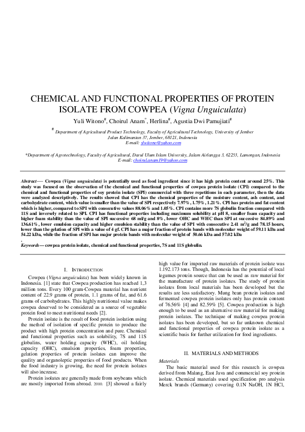 (PDF) Chemical and Functional Properties of Protein Isolate from Cowpea ...