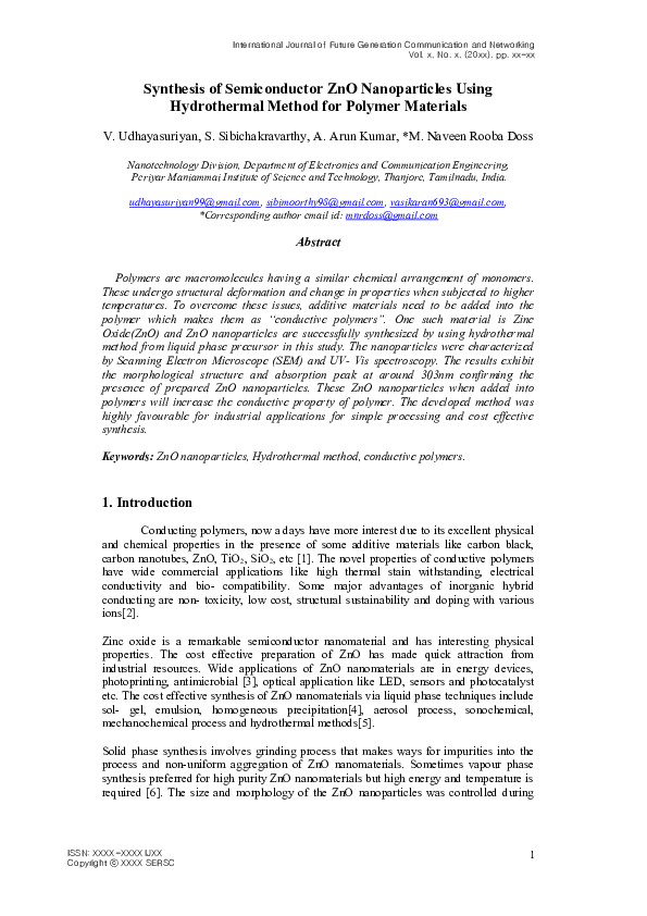 (DOC) Synthesis of Semiconductor ZnO Nanoparticles Using Hydrothermal ...