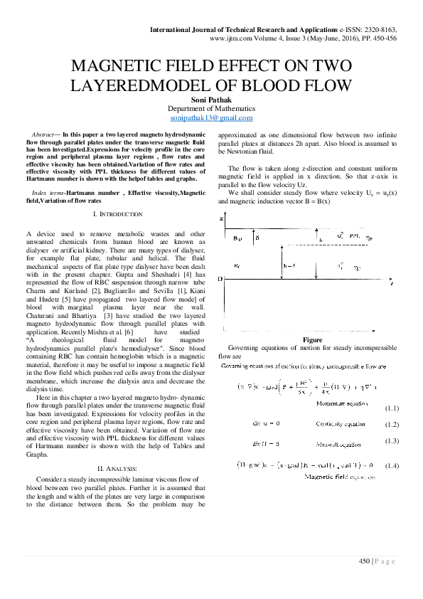 (PDF) Magnetic Field Effect on Two Layeredmodel of Blood Flow
