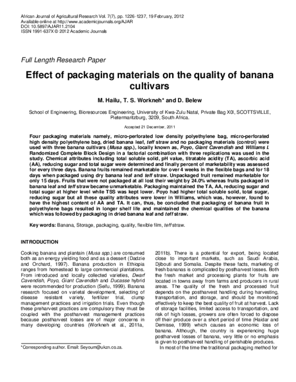 (PDF) AEffect of packaging materials on the quality of banana cultivars)