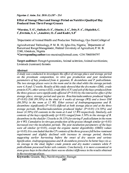 (PDF) Effect of storage place and storage period on nutritive quality ...