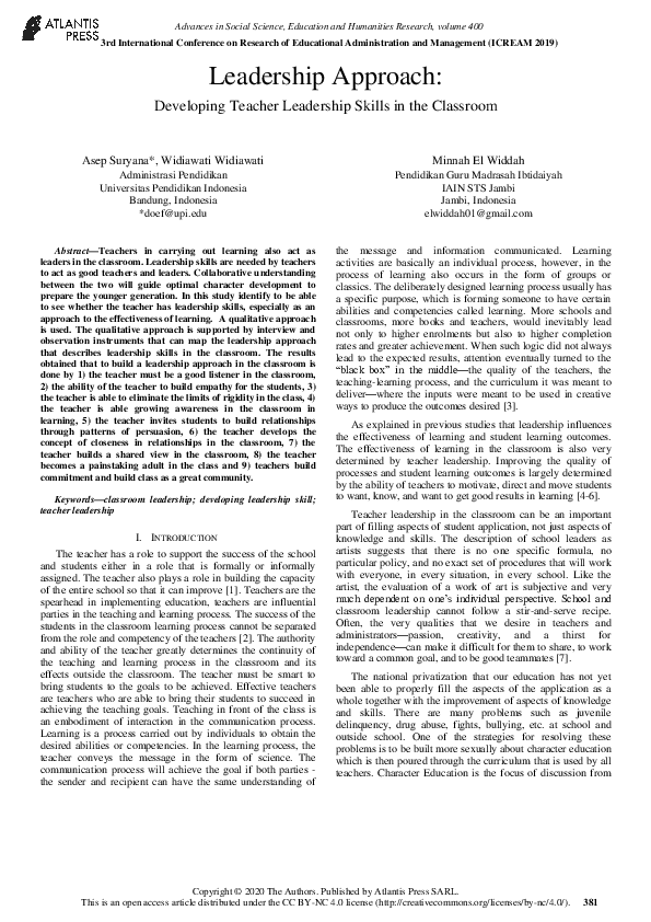 (PDF) Leadership Approach: Developing Teacher Leadership Skills in the ...