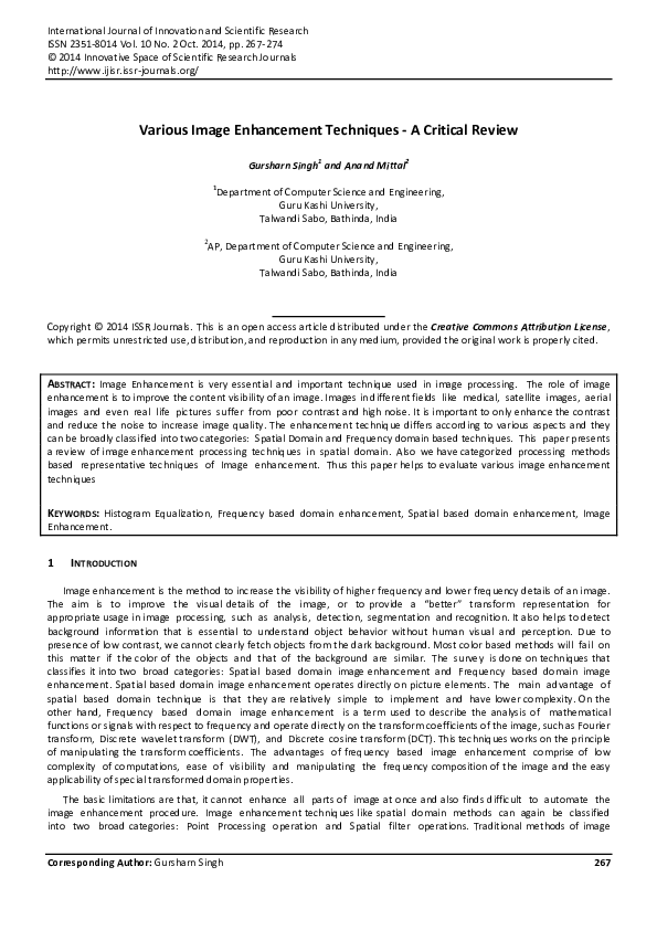 (PDF) Various Image Enhancement Techniques - A Critical Review
