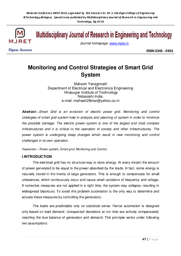 (PDF) Monitoring and Control Strategies of Smart Grid System