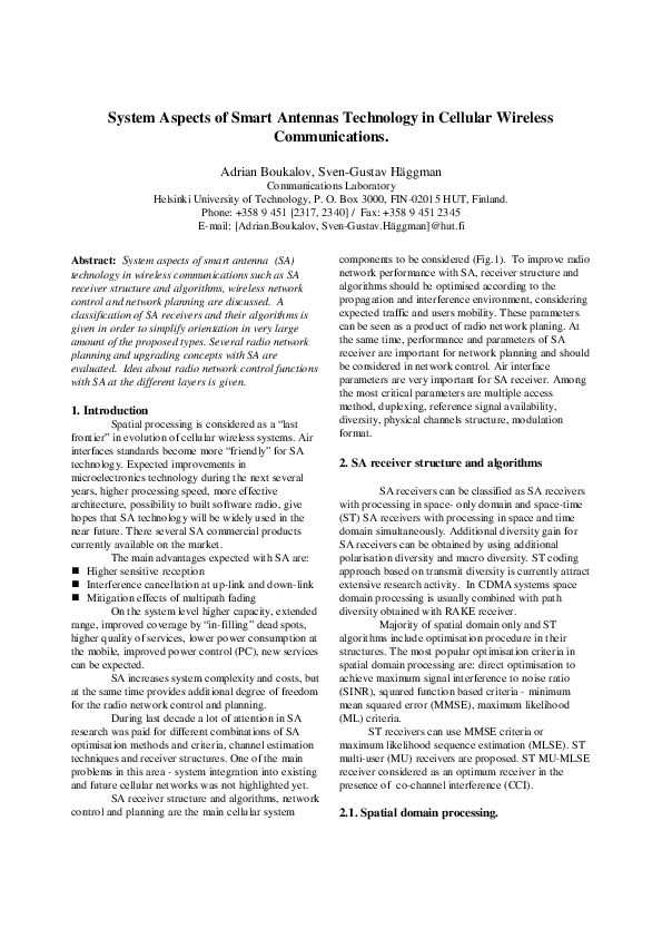 (PDF) System aspects of smart antennas technology in cellular wireless ...