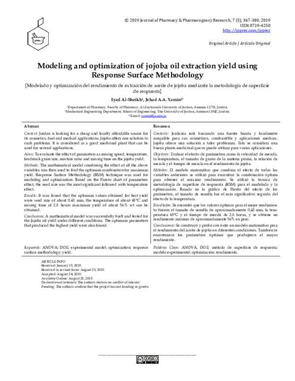 (PDF) Modeling and optimization of jojoba oil extraction yield using
