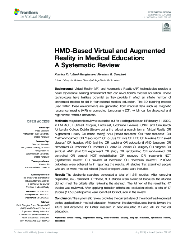 (PDF) HMD-Based Virtual and Augmented Reality in Medical Education: A ...