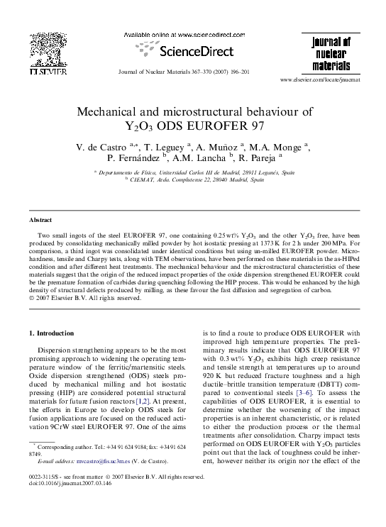 (PDF) Mechanical and microstructural behaviour of Y2O3 ODS EUROFER 97