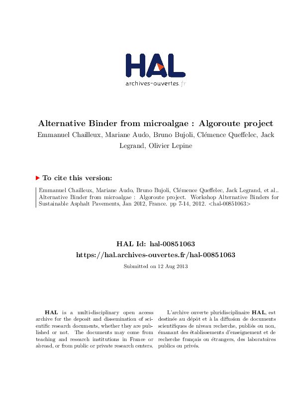 (PDF) Alternative Binder from Microalgae Algoroute Project Emmanuel