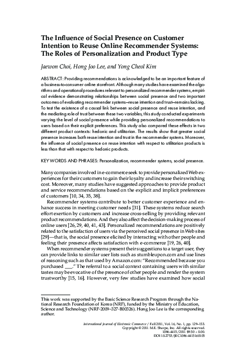 (PDF) The Influence of Social Presence on Customer Intention to Reuse ...