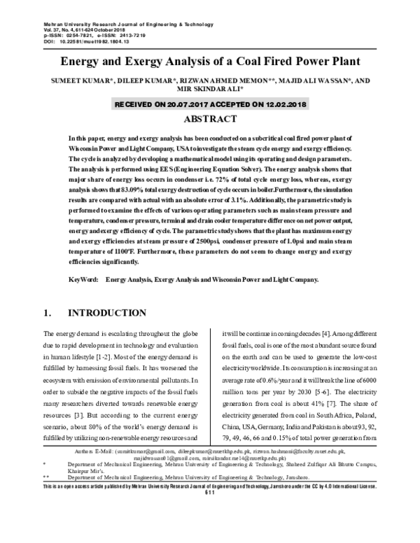 (PDF) Energy and Exergy Analysis of a Coal Fired Power Plant