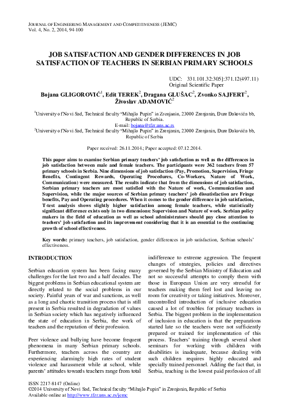 (PDF) Job satisfaction and gender differences in job satisfaction of ...