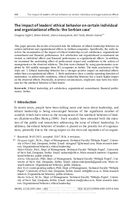 (PDF) The impact of leaders' ethical behavior on certain individual and ...