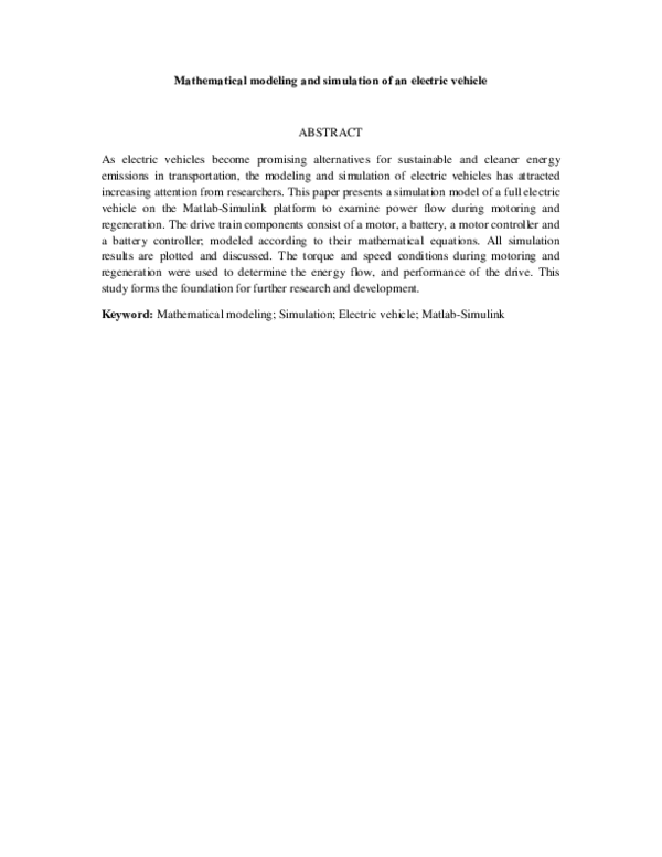 (PDF) Mathematical Modeling and Simulation of an Electric Vehicle