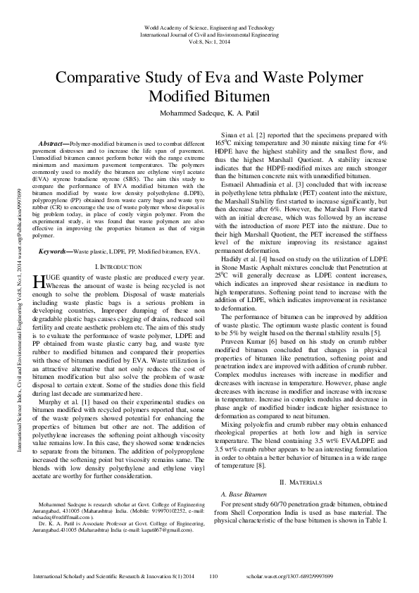 (PDF) Comparative Study Of Eva And Waste Polymer Modified Bitumen