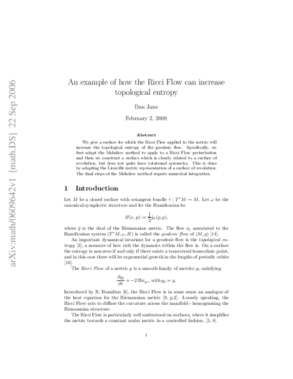(PDF) An example of how the Ricci Flow can increase topological entropy