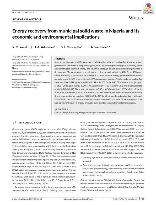 (PDF) Energy recovery from municipal solid waste in Nigeria and its ...