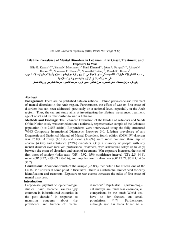 (PDF) Lifetime Prevalence of Mental Disorders in Lebanon: First Onset ...