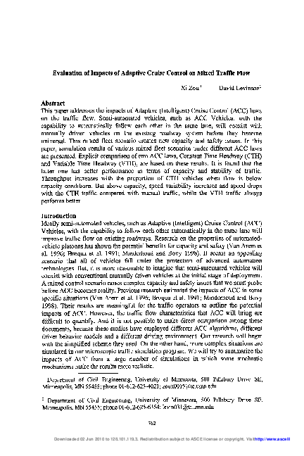 (PDF) Evaluation of impacts of adaptive cruise control on mixed traffic ...