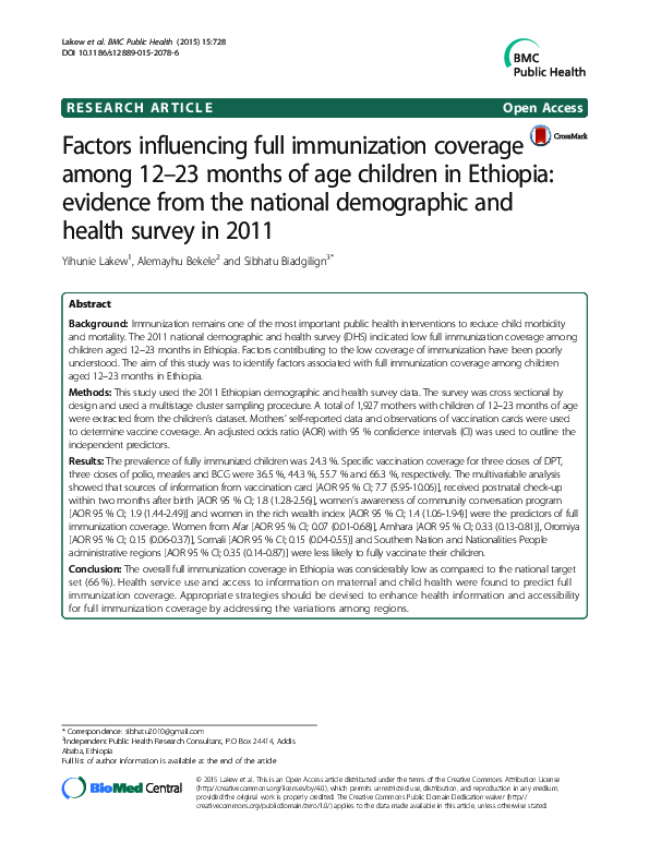 (PDF) Factors influencing full immunization coverage among 12–23 months ...