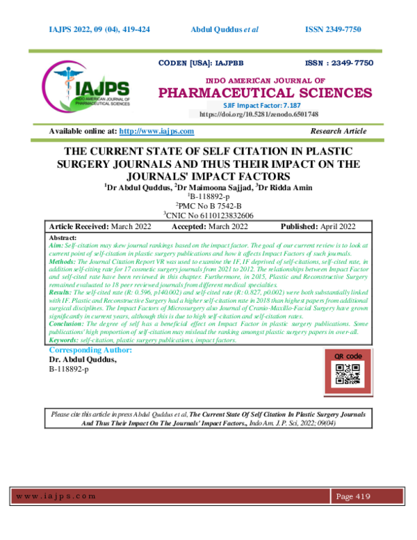 (PDF) THE CURRENT STATE OF SELF CITATION IN PLASTIC SURGERY JOURNALS