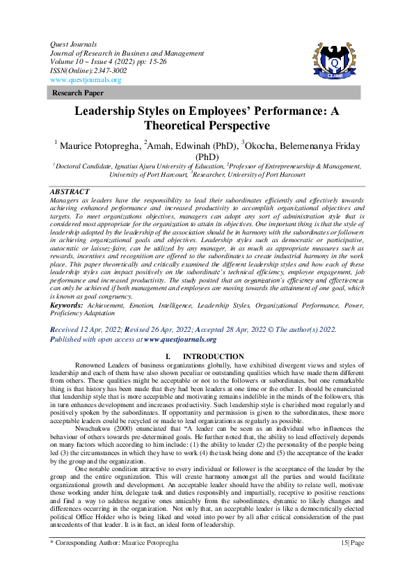 (PDF) Leadership Styles on Employees' Performance: A Theoretical ...