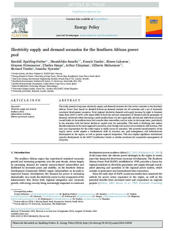 (PDF) Electricity supply and demand scenarios for the Southern African ...
