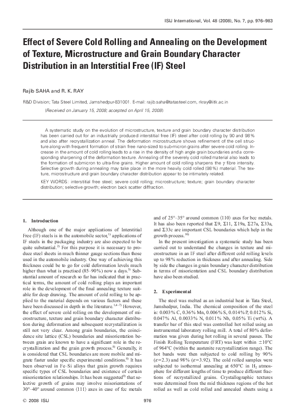 (PDF) Effect of Severe Cold Rolling and Annealing on the Development of ...